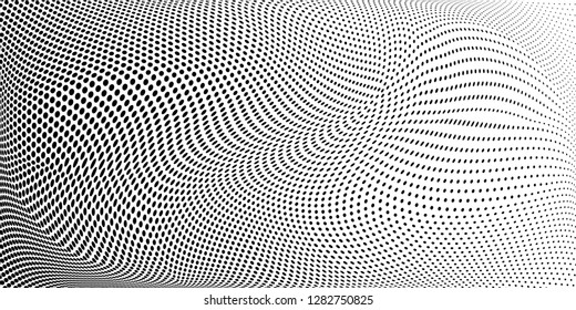Wide halftone dots pattern texture 
background. Modern dotted vector  illustration. Abstract curves. Points backdrop. Grungy spotted pattern. Monochrome template for web design, covers