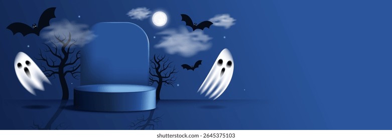 Wide Halloween horizontal background with flying ghosts, moon, clouds and tree silhouettes. Great for web banner or header. Vector illustration