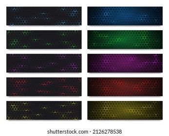 Wide hexagonal technology vector abstract double banners set. Modern technology futuristic colored honeycomb texture grid collection. Vector illustration