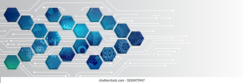 Wide Hi tech futuristic technology background. Abstract Engineering, Communication, Sci fi concept. Vector design with hexagons.