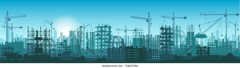 Wide High detailed banner illustration silhouette of buildings under construction in process.