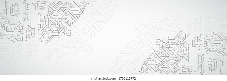 Amplio diseño de placa de circuito de alta tecnología. Concepto de innovación. Resumen de ilustración de vector de comunicación futurista. Tecnología de ciencia ficción en el fondo gris.