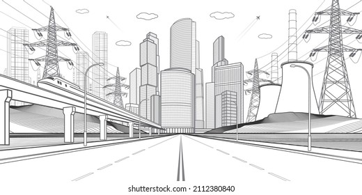 Wide highway  train rides  Modern town at background  Thermal power plant  Black outlines infrastructure   Industial illustration  urban scene  Vector design art 