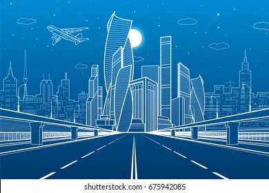 Wide highway. Urban infrastructure illustration, futuristic city on background, modern architecture. Airplane fly. White lines on blue background, night scene, vector design art