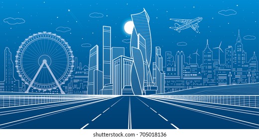 Wide highway. Urban infrastructure illustration, futuristic city on background, modern architecture. Airplane fly. White lines on blue background, night scene, vector design art