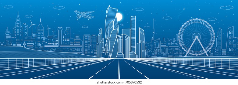 Wide Highway. Urban Infrastructure Illustration Panorama, Futuristic City On Background, Modern Architecture. Airplane Fly. White Lines On Blue Background, Night Scene, Vector Design Art