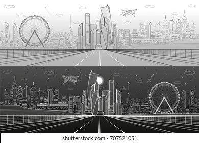 Wide highway. Urban infrastructure illustration panorama, futuristic city on background, modern architecture, ferris wheel. Airplane fly. White and gray lines, day and night scene, vector design art