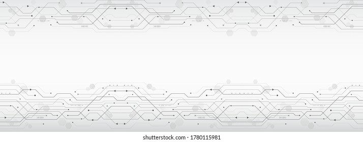 Wide Hi-tech computer digital technology circuit concept. Abstract technology communication vector illustration. Grey background with various technological elements.