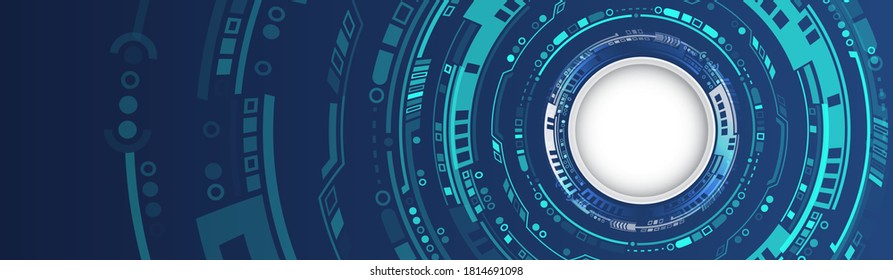 Wide Hi-tech vector illustration with various technology elements. Cyber security internet and networking concept. Digital internet communication on grey background. Abstract global sci fi concept.