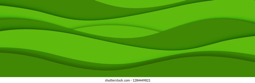 Wide horizontal abstract green wavy banner, abstract hills, mountains, fields, 3D paper cut landscape. Vector illustration