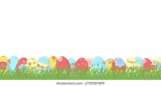 Amplio Anuncio Horizontal Coloridos huevos de Pascua colocados en hierba verde fresca sobre fondo transparente Perfecto para promociones de vacaciones Cabeceras de Web, diseños de saludo, anuncios Proyectos gráficos de temporada