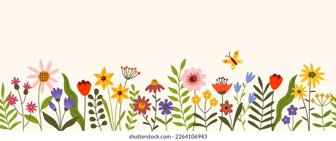 Wide horizontal banner with colorful flowers. Floral seamless pattern. Summer or spring background.