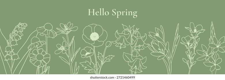 Wide horizontal banner featuring a row of white floral line art illustrations on a sage green background with "Hello Spring" text.