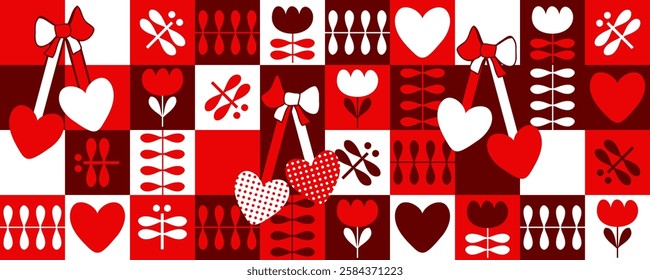 Wide horizontal banner with martisor traditional ornament. Festive checkered print for cup, mug, postcard, sticker. Vector illustration.