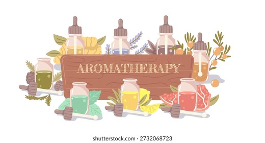 A wide horizontal banner showcasing a full range of aromatic oils. An eye catching header for an aromatherapy or wellness website.