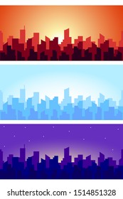 Wide horizontal cityscape at different times. Seamless panorama of skyscrapers roof silhouettes in the morning, afternoon and evening. Vector illustration.