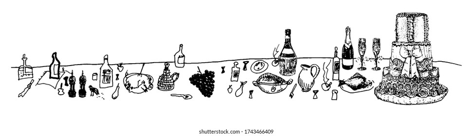 Wide horizontal composition of tables with food and alcohol. Sketched vector illustration black and white hand-drawn doodle
