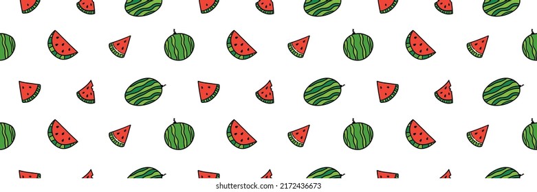 Wide horizontal doodle style vector seamless pattern background with whole watermelons and watermelon slices.