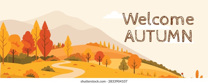 A wide horizontal flat vector web banner featuring a winding path through autumn hills with colorful trees and Welcome Autumn text.