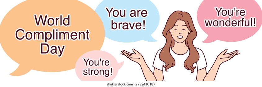 A wide horizontal header featuring a happy woman sharing compliments. Ideal for website or social media covers to celebrate World Compliment Day and promote kindness on March first.