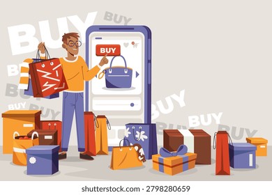 Wide horizontal illustrated background featuring a cheerful young man in a yellow sweater pointing at a buy button on an oversized smartphone mockup showing a handbag product. He is surrounded by a large collection of shopping bags, delivery boxes, gift boxes, and tote bags. Repeated 