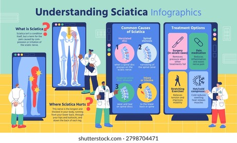 Wide horizontal medical infographic explaining sciatica. Sections cover what sciatica is, where it hurts along the sciatic nerve pathway, four numbered common causes (herniated disc, spinal stenosis, degenerative disc disease, and injury or trauma), and four treatment options (surgery, pain medication, stretching exercises, and hot and cold compresses). Central panel shows a full-body skeleton X-ray with highlighted sciatic nerve. Multiple doctor characters and anatomical spine illustrations populate the layout. Pastel teal background with blue and navy panel blocks. Suitable for medical education, physiotherapy, patient resources, and healthcare editorial.