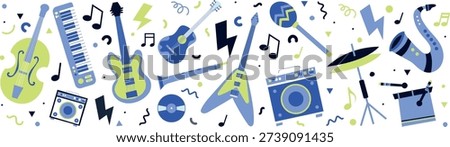 Wide horizontal music background featuring guitars, drums, speakers and musical elements. Perfect for concert promotion, festival advertising, band performance banner or entertainment event design