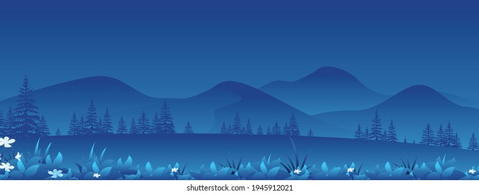 Wide Horizontal Night Panorama of Summer landscape with mountains, meadows, and fields.