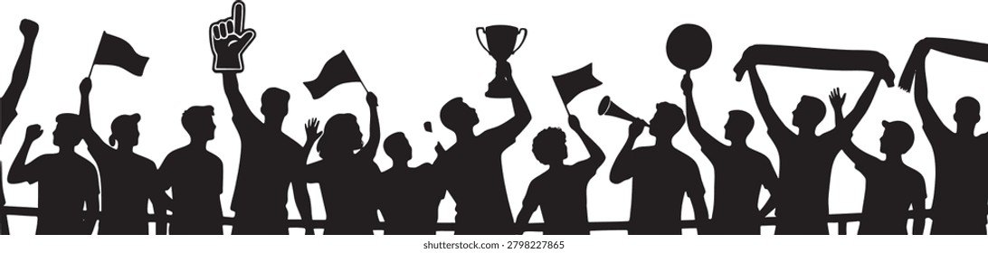 Wide horizontal scene of a jubilant crowd in silhouette, raising hands and celebrating against a bright sky at dusk.