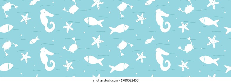Wide horizontal sea life vector seamless pattern background with silhouettes of fishes, crabs, sea horses and starfishes.

