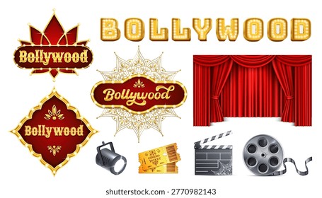 A wide horizontal set of isolated realistic elements on a white background including a crown topped Bollywood sign a large gold marquee BOLLYWOOD letter row a gold Mogul arch Bollywood sign with a mandala ornament a diamond shaped gold framed Bollywood sign a spotlight lamp two gold cinema tickets a clapperboard a film reel with strip and a red velvet stage curtain realistic