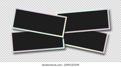 Wide horizontal stacks of four empty photo frames mockup. Realistic vector objects. Clipart photo frames with shadow and rgb contour line.