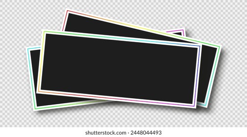 Wide horizontal stacks of three empty photo frames mockup. Realistic vector objects. Clipart photo frames with shadow and rgb contour line.