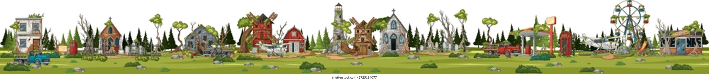 Amplio Vector Horizontal de ciudad de dibujos animados desierta, casas en ruinas, iglesia embrujada, parque de atracciones cubierto de maleza