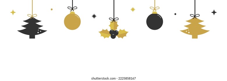 Wide horizontal vector illustration, banner, header for winter holidays design with black and gold christmas trees, christmas ornaments and mistletoe hanging on ropes.