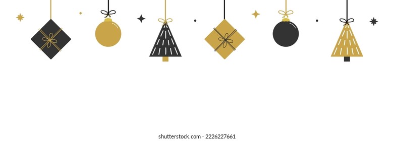 Wide horizontal vector illustration, banner, header for winter holidays design with black and gold christmas trees, christmas ornaments and gifts hanging on ropes.
