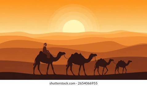 Ilustração de vetor horizontal largo de caravana de camelo silhuetted no pôr do sol cruzando camadas de dunas de areia do deserto com grande sol amarelo pálido e céu crepuscular laranja-marrom quente