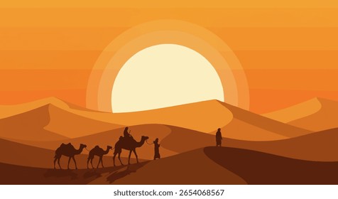 Ilustração de vetor horizontal largo de caravana de camelo silhuetted no pôr do sol cruzando camadas de dunas de areia do deserto com grande sol amarelo pálido e céu crepuscular laranja-marrom quente