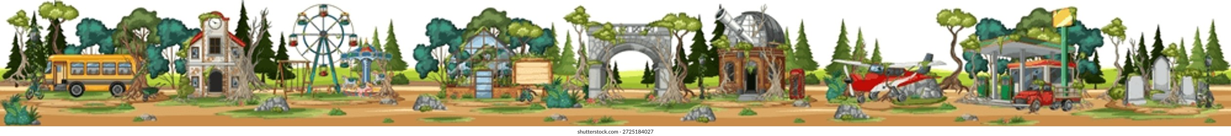 Wide horizontal vector of overgrown post apocalyptic forest settlement with improvised survivor shelters and vehicles