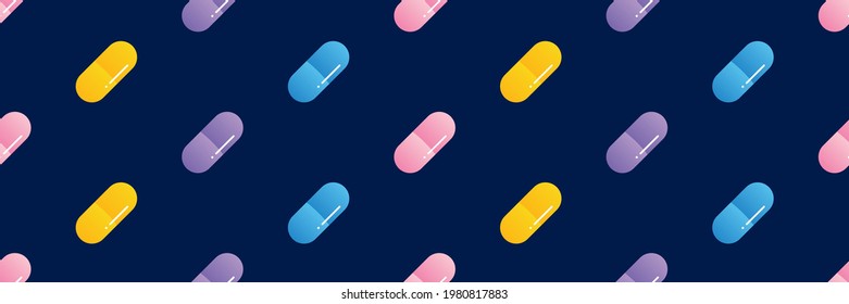 Wide horizontal vector seamless pattern background with colorful  pills, medications, food supplements.
