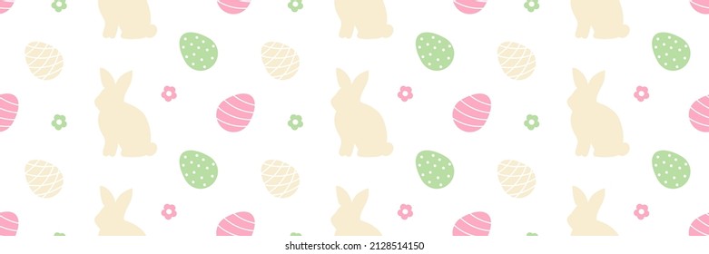 Wide horizontal vector seamless pattern background for Easter design with cute decorated easter eggs, rabbit and flowers.