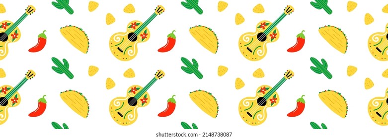Wide horizontal vector seamless pattern background for Cinco de Mayo design with colorful guitars, cactus, taco and chili peppers.
