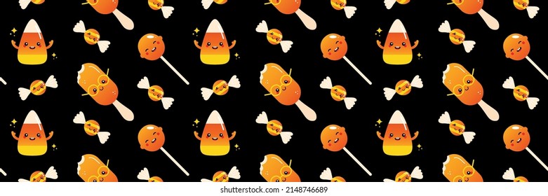 Wide horizontal vector seamless pattern background for Halloween and confectionery design with cute sweets, candy corn, ice cream, lollipop characters.