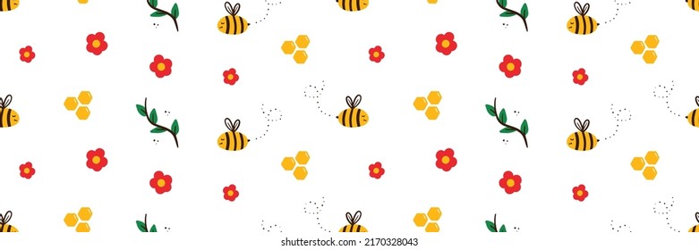 Wide horizontal vector seamless pattern background with  bees, honey combs and flowers for apiary and summer design.
