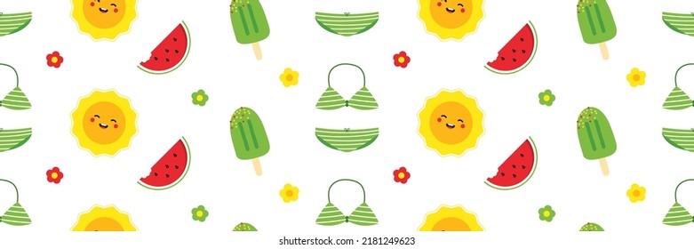 Wide horizontal vector seamless pattern background with cute cartoon style sun character, watermelon, ice cream, flowers and swimsuits for summer vacation design.