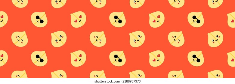 Wide horizontal vector seamless pattern background with cute cartoon style chickpeas, chick pea seeds characters.
