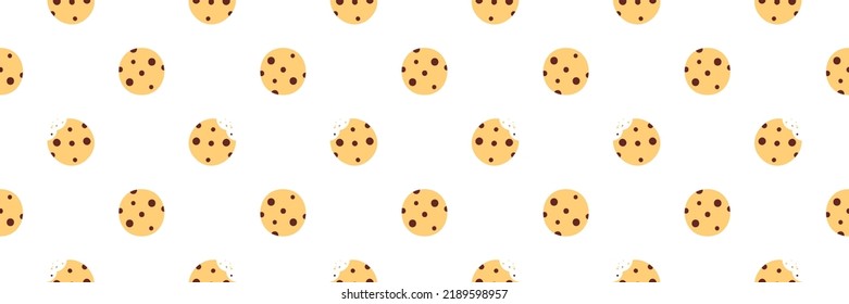 Wide horizontal  vector seamless pattern background for snack design with cute little chocolate chips cookies, whole and with bite marks.