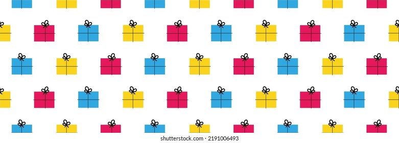 Wide horizontal vector seamless pattern background with colorful gifts, presents, packages for birthday, party, christmas celebration design.