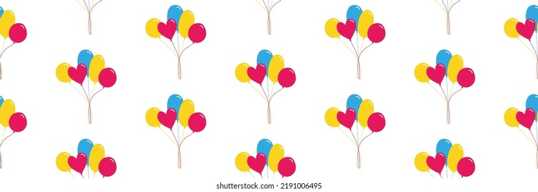 Wide horizontal vector seamless pattern background with bunch of colorful balloons for birthday and party design.
