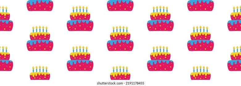 Wide horizontal vector seamless pattern background with birthday cakes for party, celebration design.